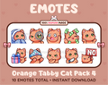 Orange Tabby Cat Twitch emote pack featuring 10 emotes including cozy, sus, panic, and shrug.