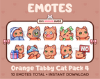 Orange Tabby Cat Twitch emote pack featuring 10 emotes including cozy, sus, panic, and shrug.
