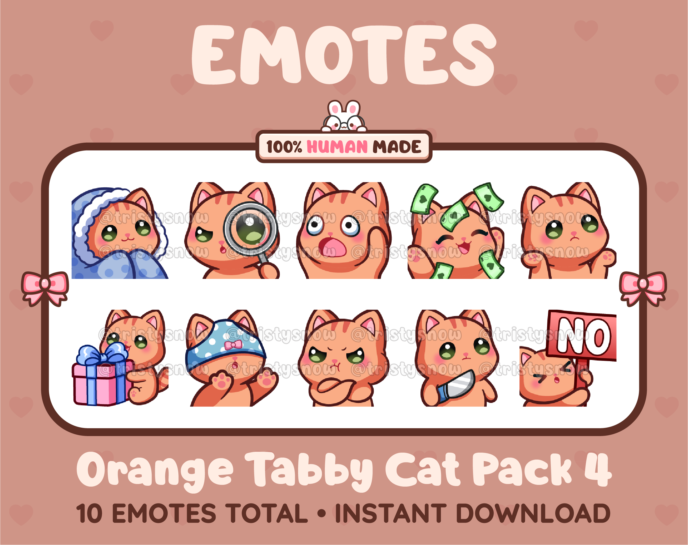 Orange Tabby Cat Twitch emote pack featuring 10 emotes including cozy, sus, panic, and shrug.