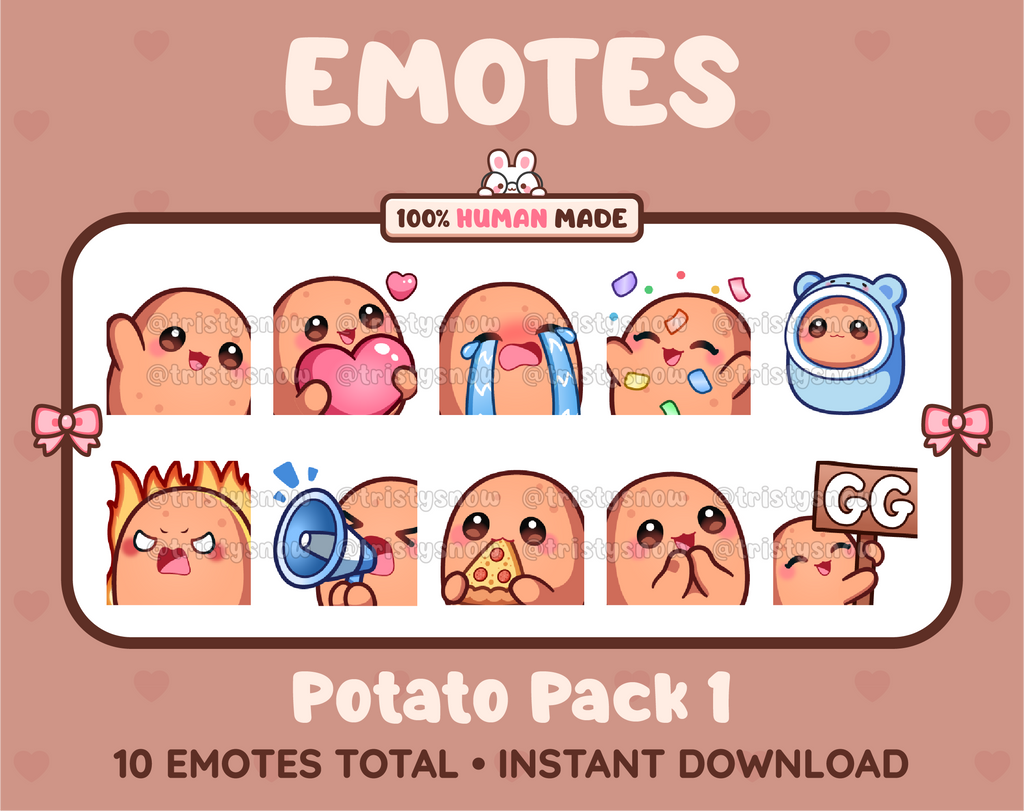 Potato Twitch emote pack featuring 10 emotes including GG, angry, cry, and hype.