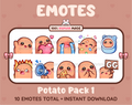 Potato Twitch emote pack featuring 10 emotes including GG, angry, cry, and hype.