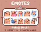 Potato Twitch emote pack featuring 10 emotes including GG, angry, cry, and hype.