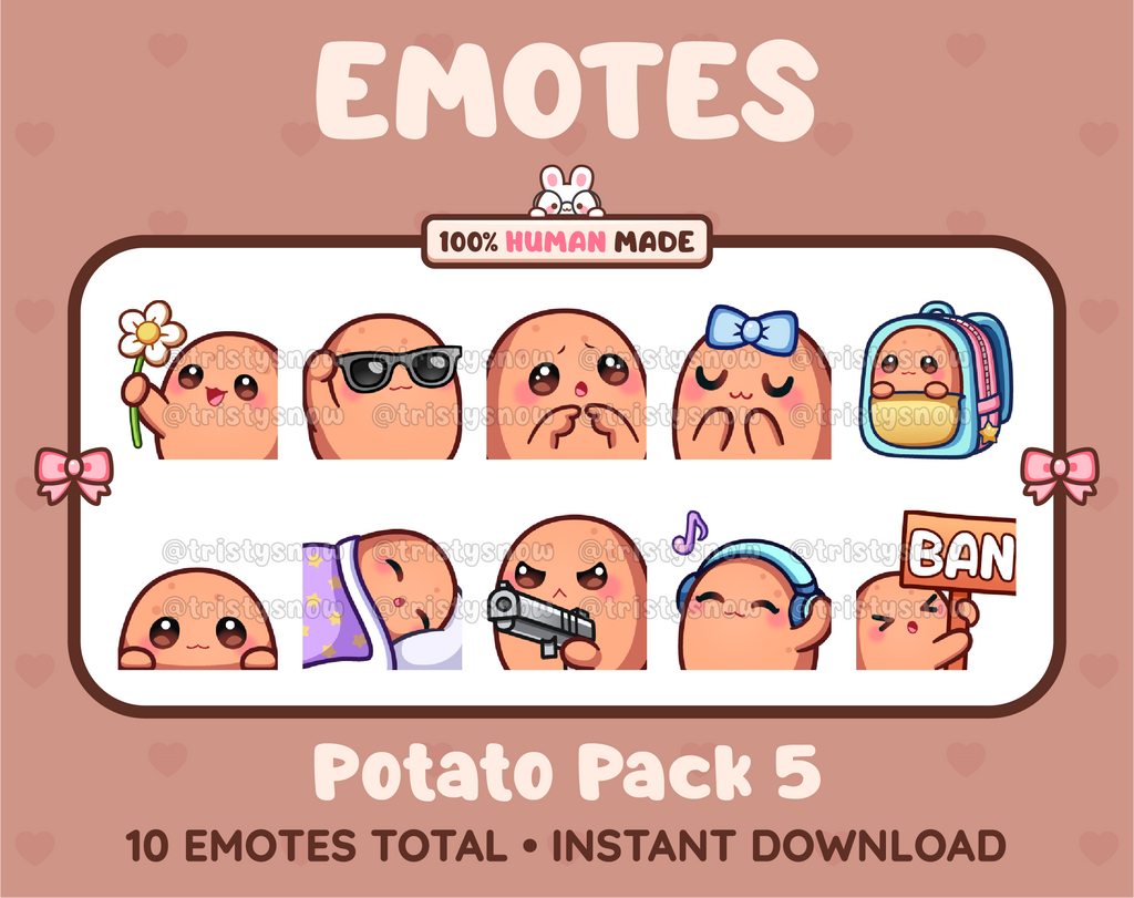 Potato Twitch emote pack featuring 10 emotes including flower, cool, plead, and lurk.