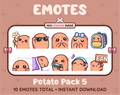 Potato Twitch emote pack featuring 10 emotes including flower, cool, plead, and lurk.