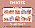 Potato Twitch emote pack featuring 10 emotes including flower, cool, plead, and lurk.