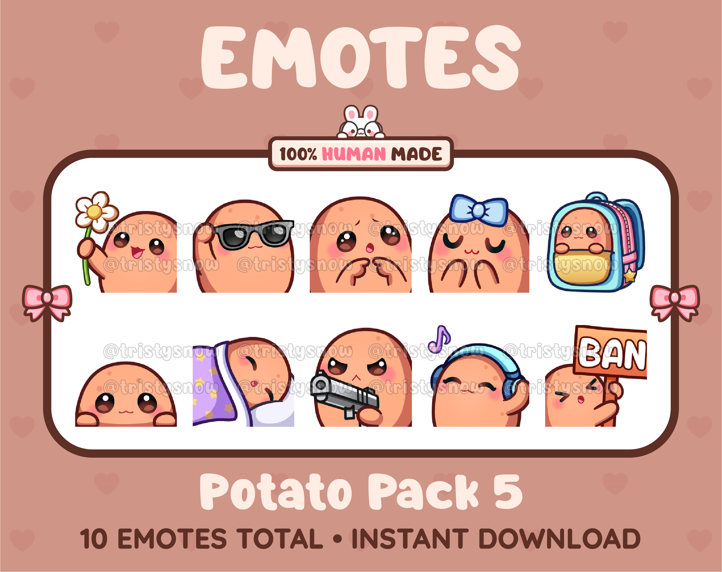 Potato Twitch emote pack featuring 10 emotes including flower, cool, plead, and lurk.