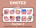 Pig Twitch emote pack featuring 10 emotes including hug, scared, bonk, and popcorn.