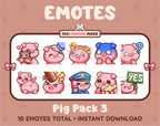 Pig Twitch emote pack featuring 10 emotes including hug, scared, bonk, and popcorn.