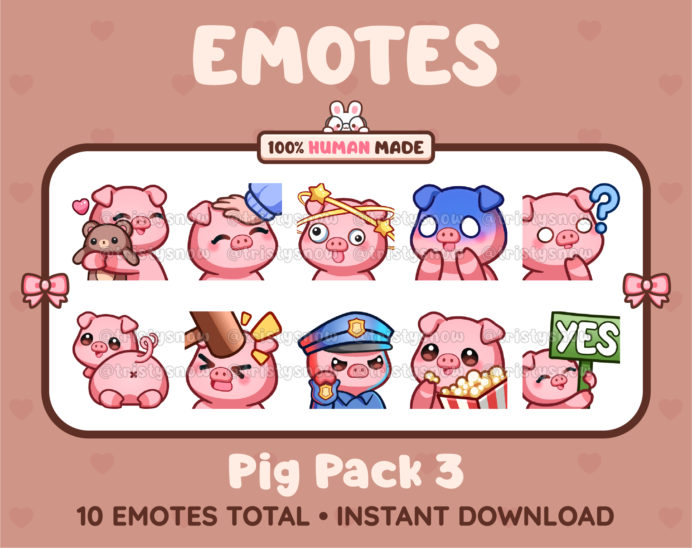 Pig Twitch emote pack featuring 10 emotes including hug, scared, bonk, and popcorn.