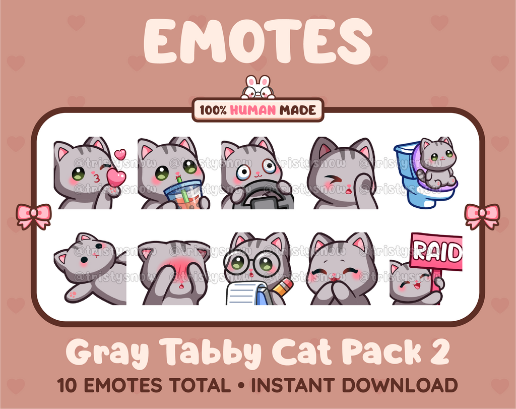 Gray Tabby Cat Twitch emote pack featuring 10 emotes including kiss, facepalm, shy, and raid.