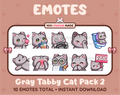 Gray Tabby Cat Twitch emote pack featuring 10 emotes including kiss, facepalm, shy, and raid.
