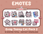 Gray Tabby Cat Twitch emote pack featuring 10 emotes including kiss, facepalm, shy, and raid.