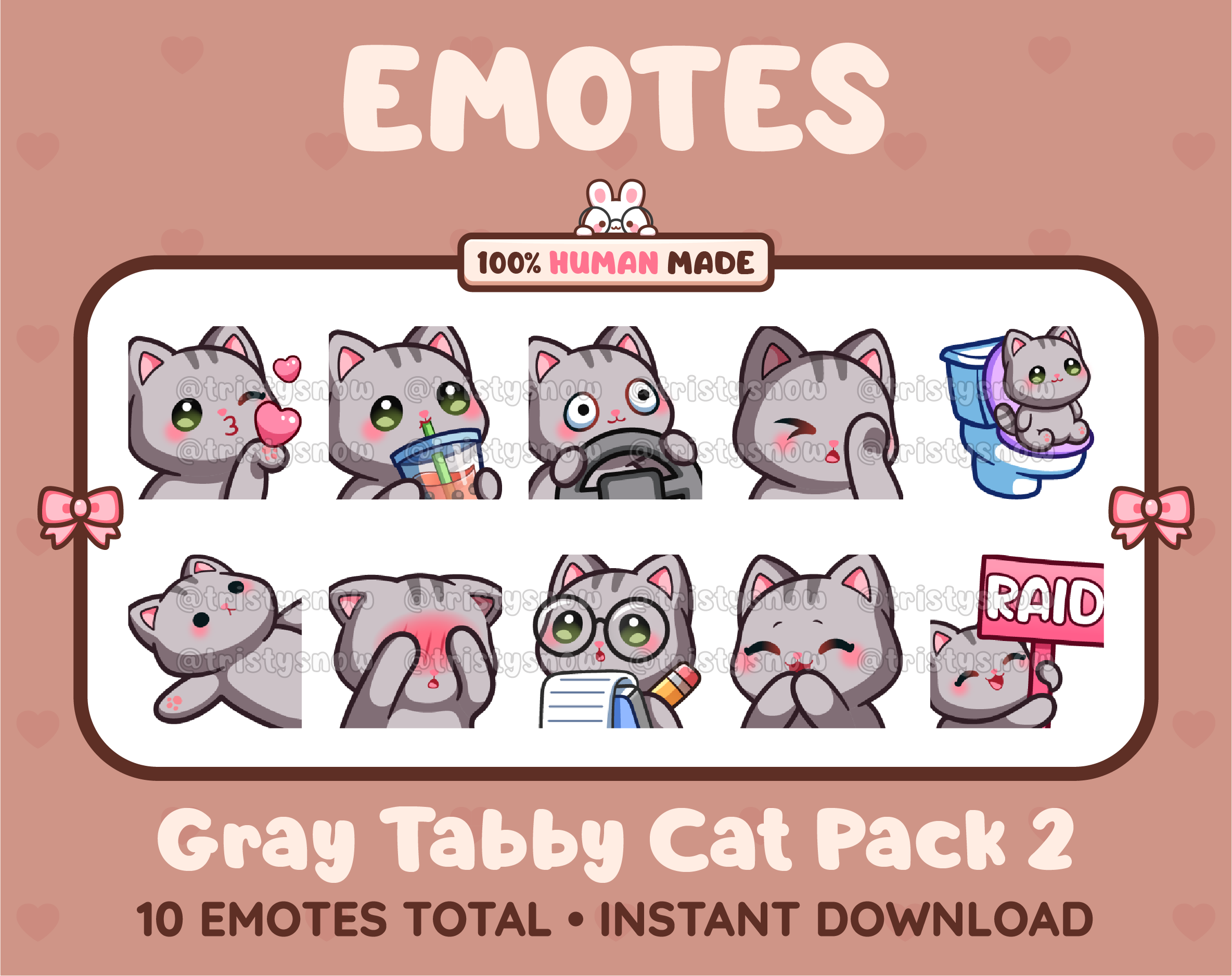 Gray Tabby Cat Twitch emote pack featuring 10 emotes including kiss, facepalm, shy, and raid.