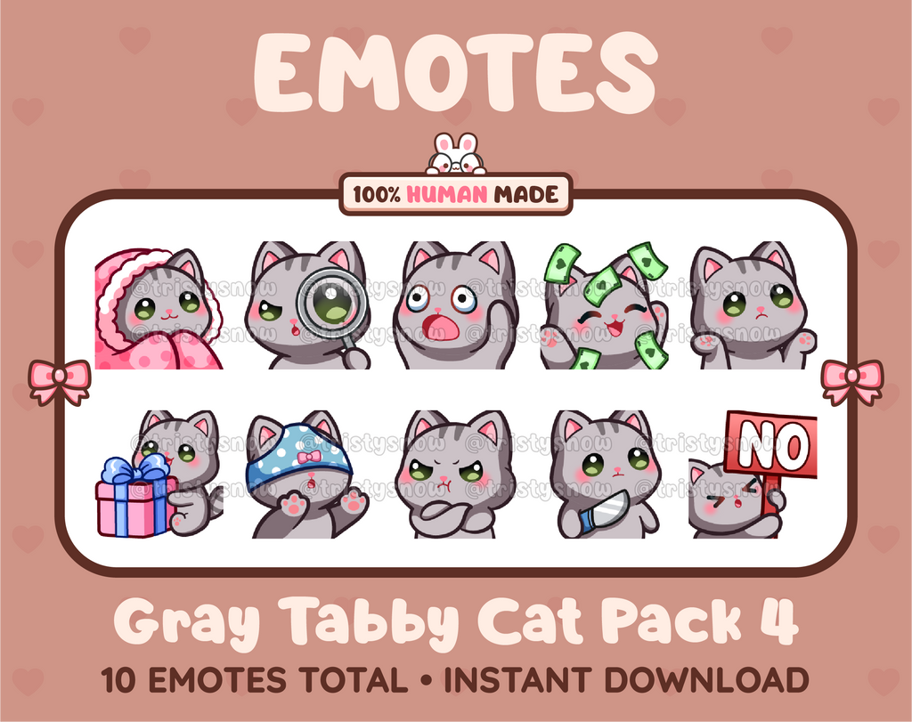Gray Tabby Cat Twitch emote pack featuring 10 emotes including cozy, sus, panic, and shrug.