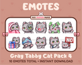 Gray Tabby Cat Twitch emote pack featuring 10 emotes including cozy, sus, panic, and shrug.