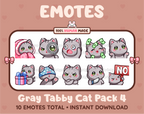Gray Tabby Cat Twitch emote pack featuring 10 emotes including cozy, sus, panic, and shrug.