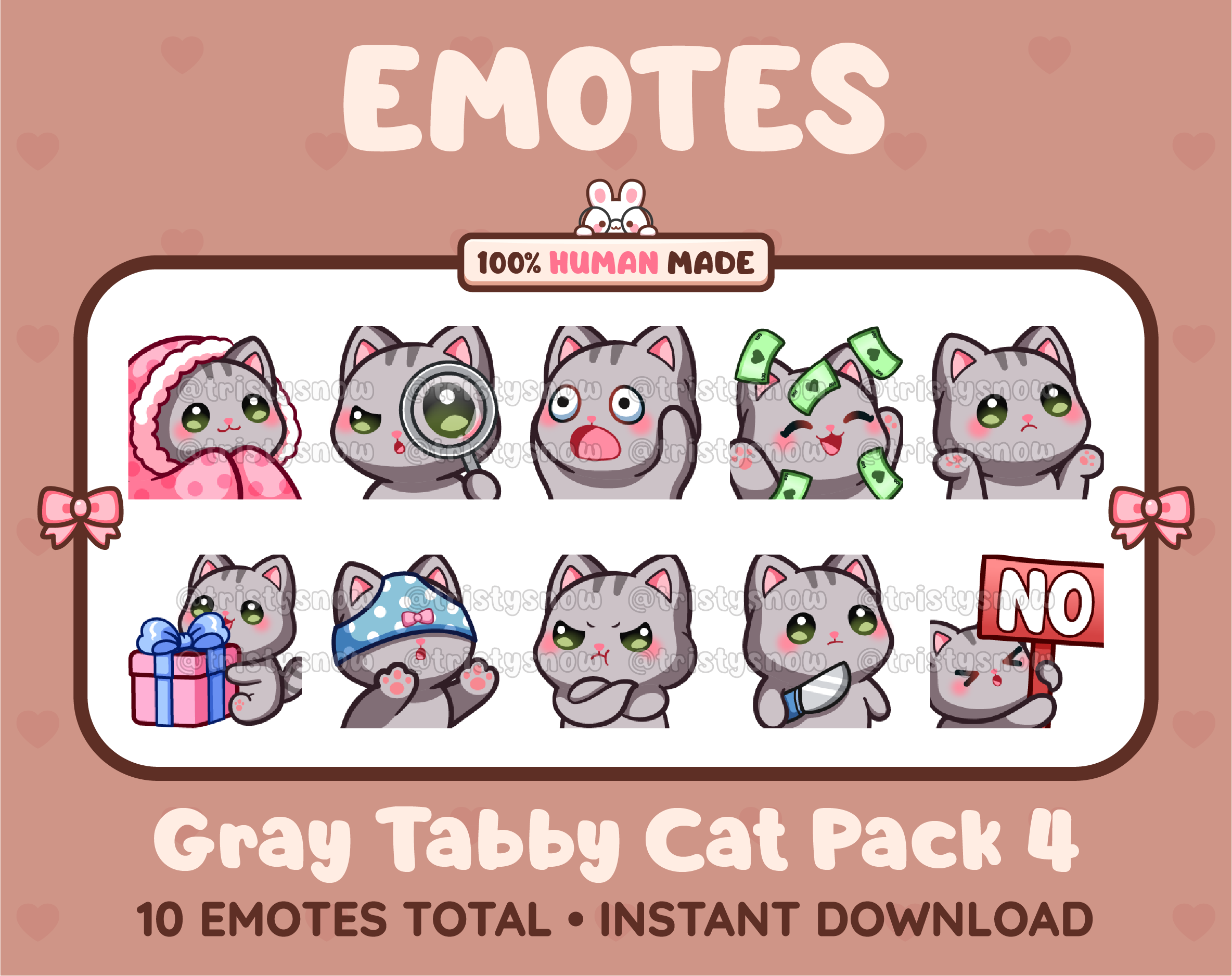 Gray Tabby Cat Twitch emote pack featuring 10 emotes including cozy, sus, panic, and shrug.
