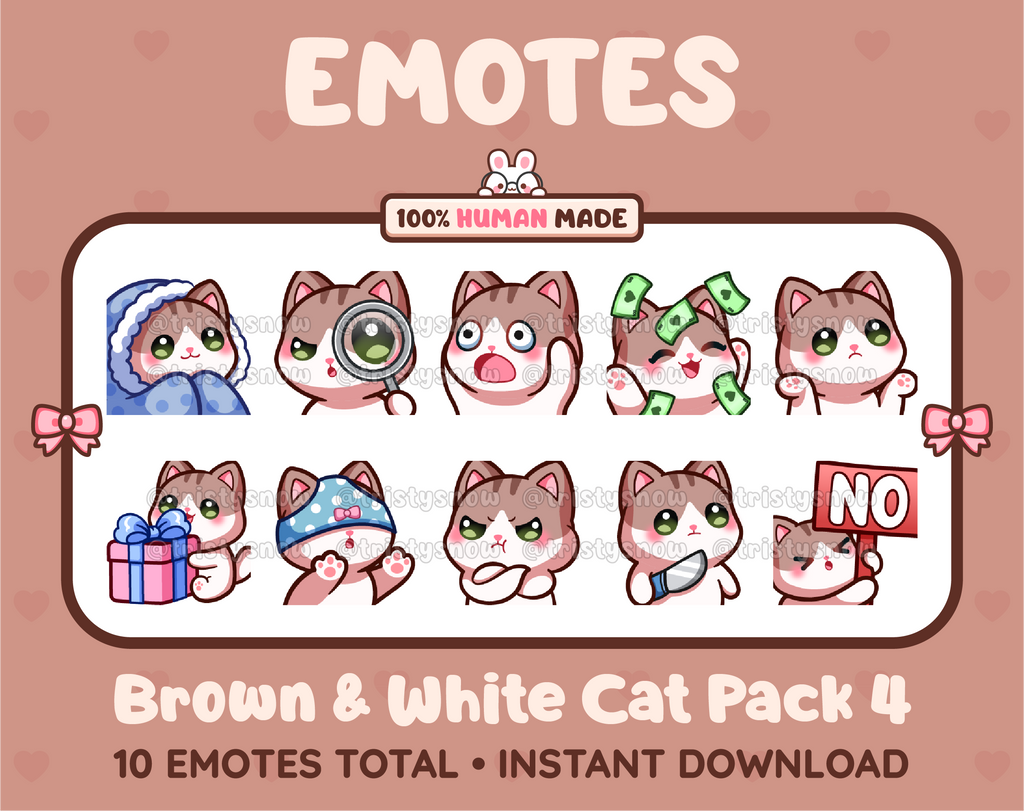 Brown & White Cat Twitch emote pack featuring 10 emotes including cozy, sus, panic, and shrug.