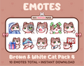 Brown & White Cat Twitch emote pack featuring 10 emotes including cozy, sus, panic, and shrug.