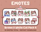 Brown & White Cat Twitch emote pack featuring 10 emotes including cozy, sus, panic, and shrug.