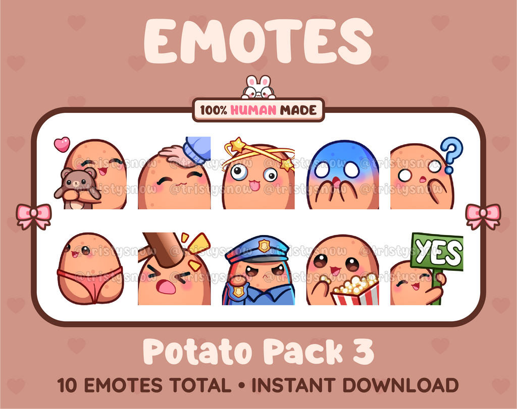 Potato Twitch emote pack featuring 10 emotes including hug, scared, bonk, and popcorn.