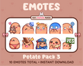 Potato Twitch emote pack featuring 10 emotes including hug, scared, bonk, and popcorn.