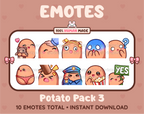 Potato Twitch emote pack featuring 10 emotes including hug, scared, bonk, and popcorn.