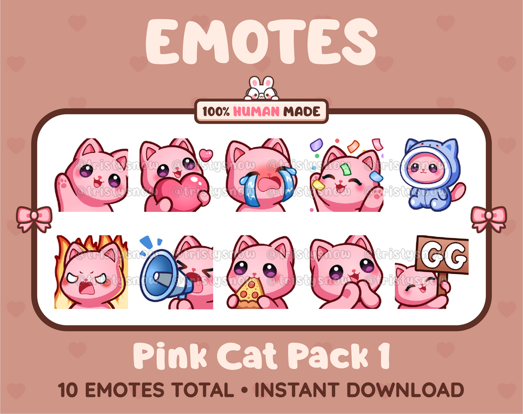 Pink Cat Twitch emote pack featuring 10 emotes including GG, angry, cry, and hype.