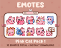 Pink Cat Twitch emote pack featuring 10 emotes including GG, angry, cry, and hype.