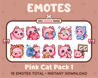 Pink Cat Twitch emote pack featuring 10 emotes including GG, angry, cry, and hype.