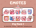 Pig Twitch emote pack featuring 10 emotes including GG, angry, cry, and hype.