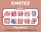 Pig Twitch emote pack featuring 10 emotes including GG, angry, cry, and hype.