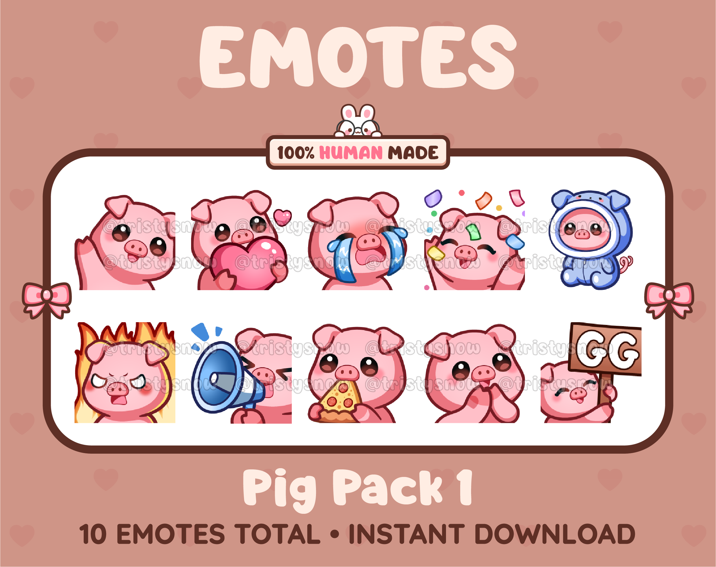 Pig Twitch emote pack featuring 10 emotes including GG, angry, cry, and hype.
