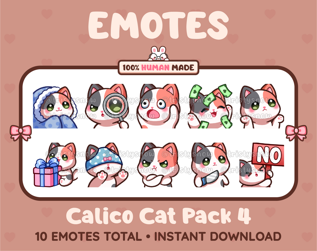 Calico Cat Twitch emote pack featuring 10 emotes including cozy, sus, panic, and shrug.