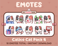 Calico Cat Twitch emote pack featuring 10 emotes including cozy, sus, panic, and shrug.