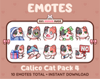 Calico Cat Twitch emote pack featuring 10 emotes including cozy, sus, panic, and shrug.