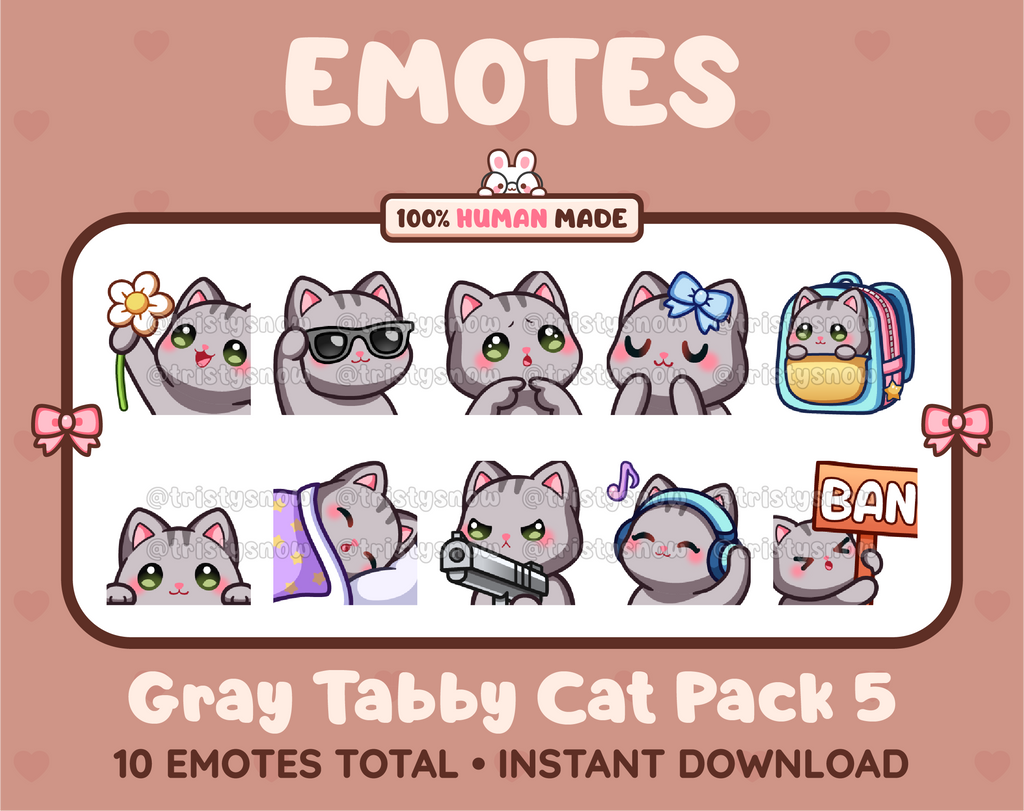 Gray Tabby Cat Twitch emote pack featuring 10 emotes including flower, cool, plead, and lurk.