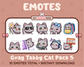 Gray Tabby Cat Twitch emote pack featuring 10 emotes including flower, cool, plead, and lurk.