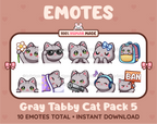 Gray Tabby Cat Twitch emote pack featuring 10 emotes including flower, cool, plead, and lurk.
