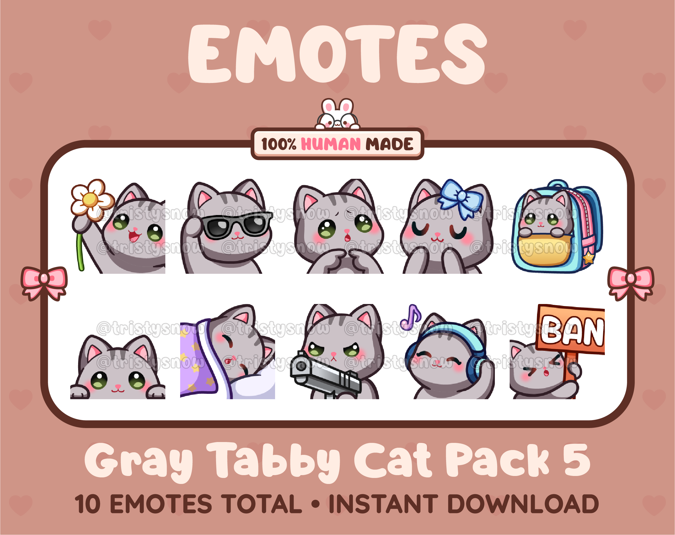 Gray Tabby Cat Twitch emote pack featuring 10 emotes including flower, cool, plead, and lurk.