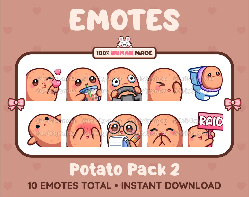 Potato Twitch emote pack featuring 10 emotes including kiss, facepalm, shy, and raid.