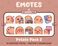 Potato Twitch emote pack featuring 10 emotes including kiss, facepalm, shy, and raid.