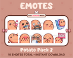 Potato Twitch emote pack featuring 10 emotes including kiss, facepalm, shy, and raid.