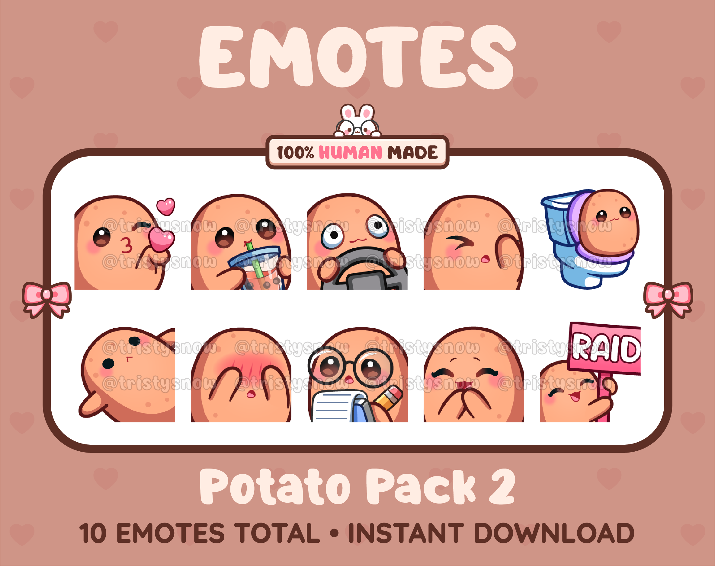 Potato Twitch emote pack featuring 10 emotes including kiss, facepalm, shy, and raid.