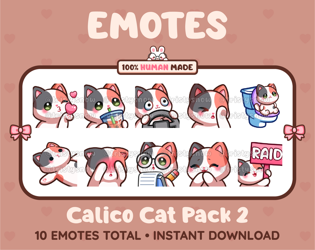 Calico Cat Twitch emote pack featuring 10 emotes including kiss, facepalm, shy, and raid.