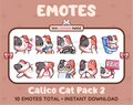 Calico Cat Twitch emote pack featuring 10 emotes including kiss, facepalm, shy, and raid.