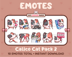 Calico Cat Twitch emote pack featuring 10 emotes including kiss, facepalm, shy, and raid.