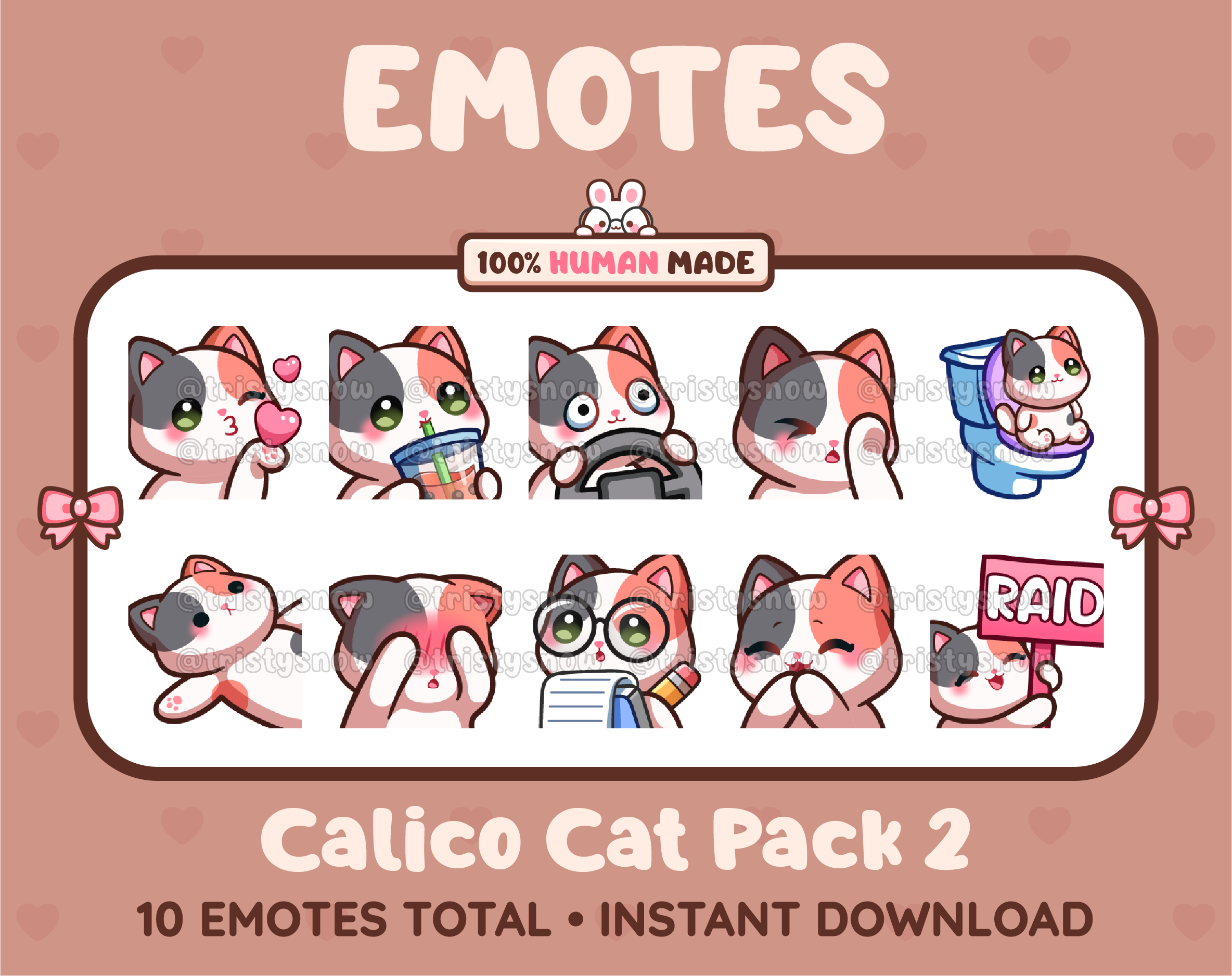 Calico Cat Twitch emote pack featuring 10 emotes including kiss, facepalm, shy, and raid.