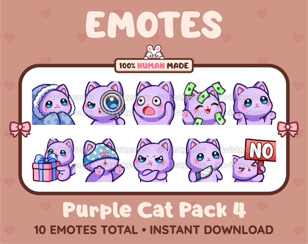 Purple Cat Twitch emote pack featuring 10 emotes including cozy, sus, panic, and shrug.