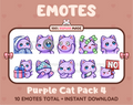 Purple Cat Twitch emote pack featuring 10 emotes including cozy, sus, panic, and shrug.